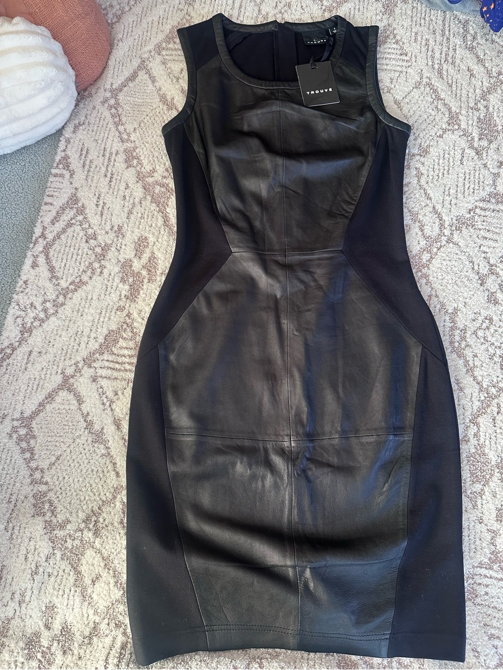 Trouvé Leather Front Sheath Dress NWT Black Panel Bodycon Stretch Size XS